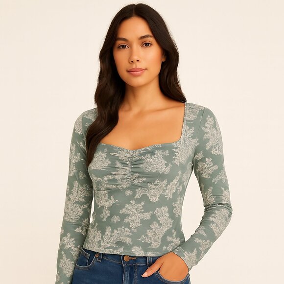 Cider Toile Print Ruched Square Neck Top | XL | Long Sleeve Feminine Cottagecore - Picture 1 of 8